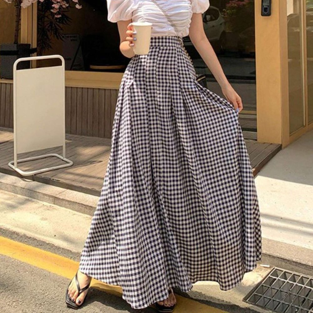Multicolor Boho Womens Gingham Print Fold Pleated Detail Flare Skirt - Picture 3 of 5